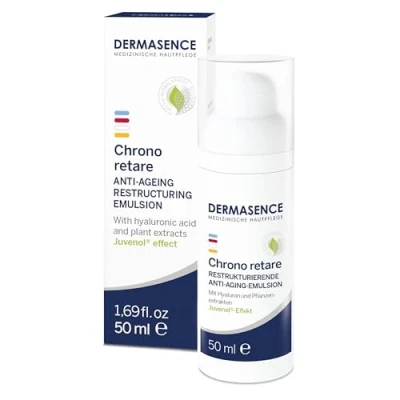 Immagine di DERMASENCE Chrono Retare Anti Ageing Restructuring Emulsion 50 ml, Emulsione viso antietà ristrutturante, Crema idratante a base vegetale, acido ialuronico