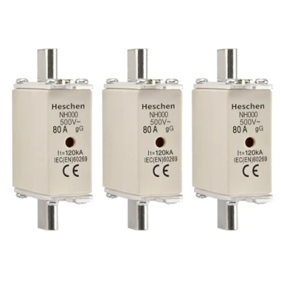Immagine di Heschen NH Fuse Link NH000 80A gG, Indicatore Frontale, Rivelatore Combinato, Confezione da 3