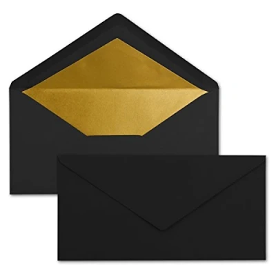 Immagine di 25x Buste formato lunghe Colore: nero con rivestimento interno metallizzato oro 110 x 220 mm Colla a umido festive per Natale