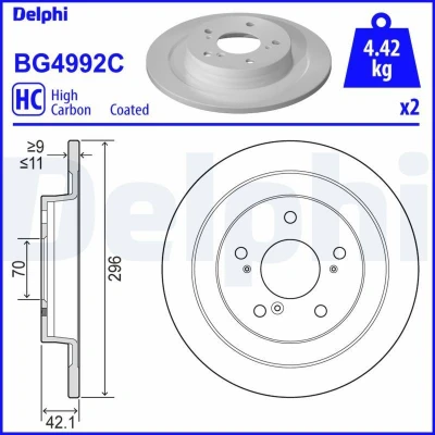 Immagine di DELPHI BG4992C Disco freno 296 11 5 pieno rivestito ad alto tenore di carbonio senza cuscinetto ruota, anello sensore ABS HONDA: CIVIC 9
