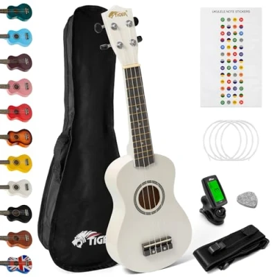 Immagine di TIGER UKEKIT WH Pacchetto Ukulele per principianti, soprano, accordatore, tracolla, adesivi, corde di ricambio e plettro in feltro Bianco