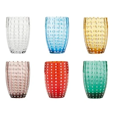 Immagine di Zafferano Perle Bicchiere Tumbler Lavorato a Mano in Vetro Colorato Trasparente cl 32 h 109mm d 71mm, Set 6 Pezzi Colori Assortiti