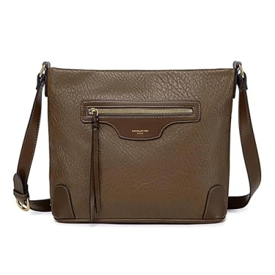 Immagine di David Jones Borsa a tracolla da donna multitasca grande con in similpelle Tasca multipla zip messenger Tote Città classica elegante, Marrone tortora,