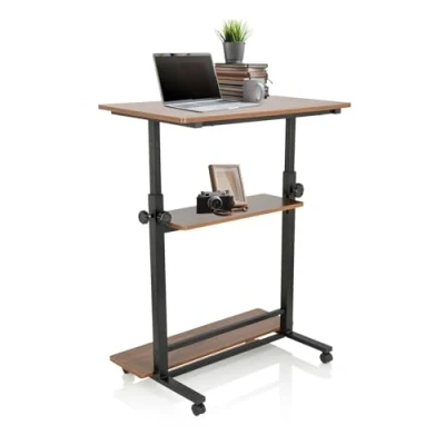 Immagine di HJH Office Scrivania in piedi regolabile altezza WORKSTATION II 80x50 cm mobile per computer con rotelle, tavolo laptop, nero/noce 830070