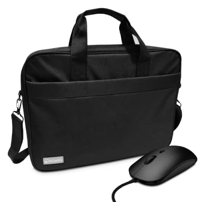 Immagine di Atlantis Borsa notebook 15.6&quot; pollici + Mouse USB, a tracolla modello Lisbona, imbottitura interna, tasca porta documenti, esterna per accessori, fascia Trolley. Cinghia tracolla, nero.
