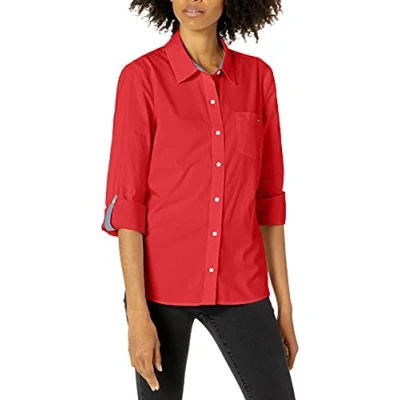 Immagine di Tommy Hilfiger Button Collared Shirt with Adjustable Sleeves Camicia Down Donna, Scarlatto, S