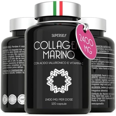 Immagine di Collagene Marino con Acido Ialuronico 2400mg Integratore Idrolizzato Vitamina C 120 Capsule Compresse di Puro Tipo 1 per Pelle, Capelli, Ossa