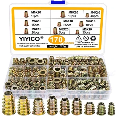 Immagine di Boccole Filettate per Legno Inserti Filettati M4 M5 M6 M8 M10 Inserto Filettato 170pz Assortimento Dadi Esagonali in Lega di Zinco Mobili (170)