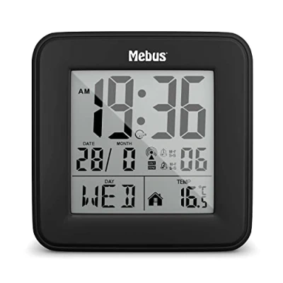 Immagine di MEBUS digitaler Funk Wecker mit Thermometer, Beleuchtung und Kalender, kompakt &amp; stabil/Farbe: Schwarz/Modell: 25595