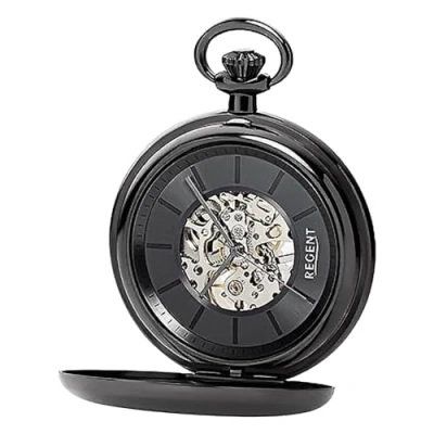 Immagine di REGENT Orologio da tasca uomo con meccanismo meccanico a carica manuale, fondo in vetro vista sullo scheletro coperchio acciaio inox, metallo, Classico