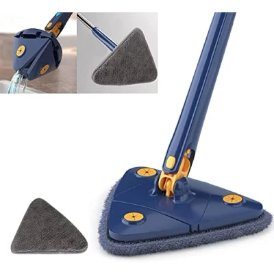 Immagine di Earnmore mocio triangolare girevole a 360 gradi, telescopico regolabile, multifunzione, Push Pull automatico (blu + 1 cuscinetto)