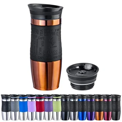 Immagine di WELLGRO tazza termica da 400 ml + 1 coperchio extra, in acciaio inox, impugnatura silicone soft touch, senza BPA, a doppia parete, viaggio per il caffè, colore: rosa