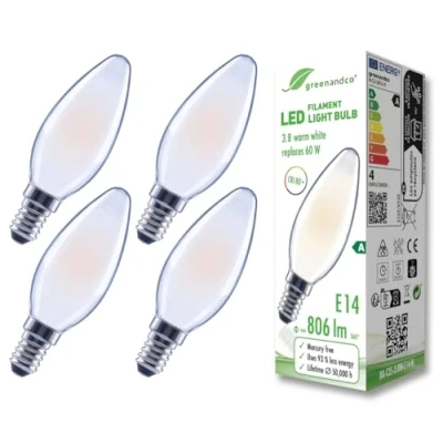 Immagine di greenandco 4 lampadine A filamento LED smerigliate E14 C35 3,8 W 806 lm sostituisce 60 2700 K bianco caldo 320 230 V senza sfarfallio Classe energetica non dimmerabile