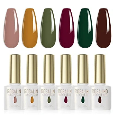 Immagine di ROSALIND Smalti Semipermanenti Khaki Giallo Verde Vino Rosso Scuro Marrone 6 Pcs Smalto Semipermanente UV LED Per Unghie Soak Off Gel Polish Autunno Inverno