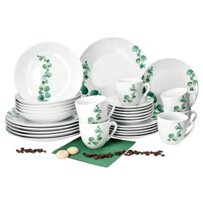 Immagine di MamboCat Eucalipto, servizio combinato da 30 pezzi, in porcellana bianca, con decorazione vegetale verde, per 6 persone, tazze caffè 180 ml, piattini, piatti torta, fondi e