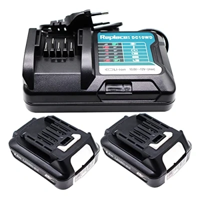 Immagine di GOLEMON 2x 2000MAH Batterie BL1021B + Caricatore per Makita (BL1016) Bl1041B BL1020B Tool DF031D DF0331D TD110D JR103D JR105D HSS01D HP332D DC10SB DC10WC (12V 2,0Ah)