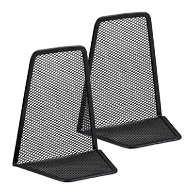 Immagine di Relaxdays Set da 2 Fermalibri per Mensole, Supporti Libri, Reggilibri a Rete in Acciaio, HLP 14,5x12,5x9 cm, Nero