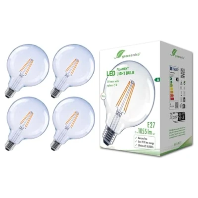 Immagine di greenandco 4 lampadine A filamento LED trasparente E27 G125 5 W 1055lm sostituisce 75W 2700K bianco caldo 320 230V senza sfarfallio Classe energetica non dimmerabile
