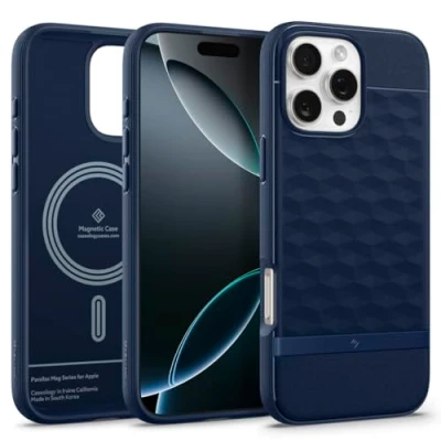 Immagine di Caseology Parallax Mag Custodia per iPhone 16 Pro Max [ergonomica 3D Hexa Cube] magnetica di grado militare Blu notte