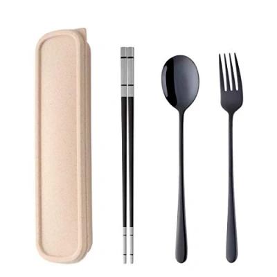 Immagine di Acciaio Inossidabile Posate Nero Set di Portatile/Bacchette+Cucchiaio+forchetta+Biodegradable Plastica Scatola Adatto per All&#039;aperto Viaggio Campeggio Picnic Scuola Ufficio Pranzo Do Buy