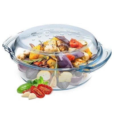 Immagine di KADAX Pirofila per Cottura da Forno in Vetro Trasparente, Casseruola Rotonda con Coperchio Cucina, Piatto Resistente al Calore Lasagne (2.4 L)