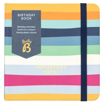 Immagine di Busy B SS24 Birthday Book a righe con promemoria di compleanno e chiusura elastica