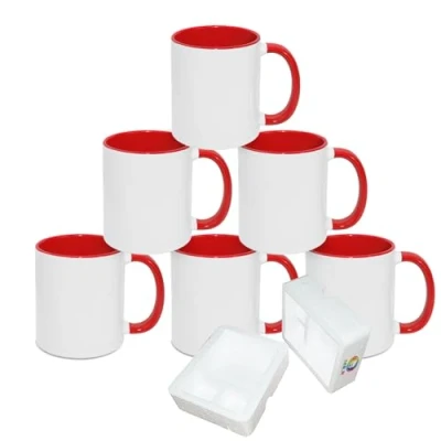 Immagine di MR.R Confezione da 6 tazze in ceramica bianca per sublimazione, lavabili lavastoviglie, con manico interno rosso, rotondo 11 once stampa a trasferimento termico