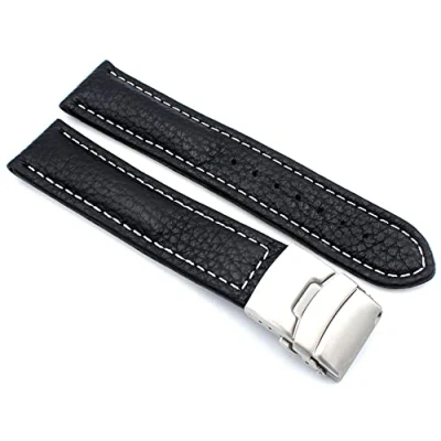 Immagine di Sulla Cinturino per orologio in vera pelle con fibbia deployante acciaio inox, cuciture bianche, marrone scuro., 20mm, cinghia