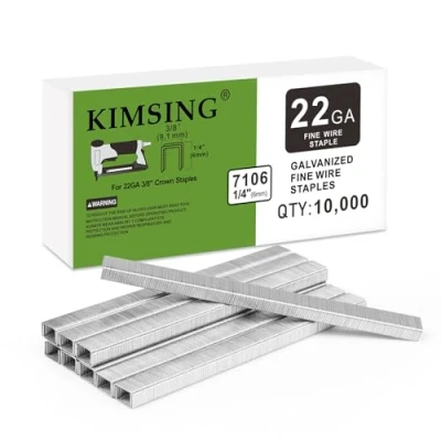 Immagine di Kimsing 7106 Graffette zincate per tappezzeria, calibro 22, serie 71, corona da 3/8&quot;, lunghezza gamba 1/4&quot;, elementi di fissaggio cucitrice a filo sottile (1 scatola)