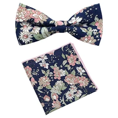 Immagine di Set da uomo di lusso in cotone pre annodato papillon e tasca quadrata, Blu &amp; Rosa Floreale, Length 4.5 inches, width 3 inches