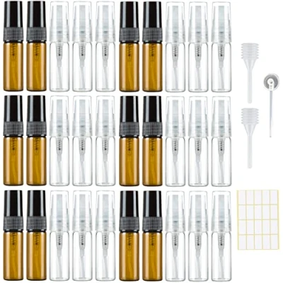 Immagine di 30 nebulizzatori vuoti da 3 ml, in vetro piccolo riempire, mini sacchetti per profumo, ricaricabili, campioni di profumo viaggi, ambra trasparente con pipette