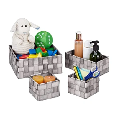 Immagine di Relaxdays Cestini Bagno Portaoggetti, Set 4 Contenitori Salvaspazio &amp; Universali, 3 Grandezze, Box in Plastica, Grigio, 90% 10% Ferro
