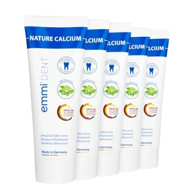Immagine di emmi dent Dentifricio a Ultrasuoni &quot;Nature Calcium&quot; I Con Più Calcio Ideale per Denti e Gengive Sensibili Senza Fluoro, Microplastiche Nanomateriali Vegano &amp; Glutine 5x 75 ml
