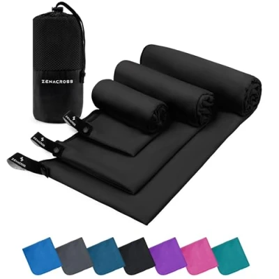 Immagine di Zenacross Asciugamano Palestra Set di 3 con Borsa per il Trasporto Microfibra a Rapida Asciugatura e Versatile Telo Taglie XS, S, M Nero