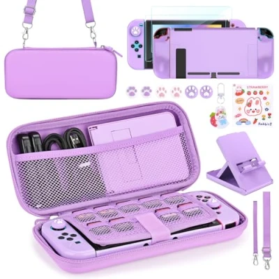 Immagine di Younik Pacchetto Accessori Switch, kit 17 in 1 per Ragazze Include Custodia Supporto Regolabile, Protettiva Console Switch e J Con (Viola)