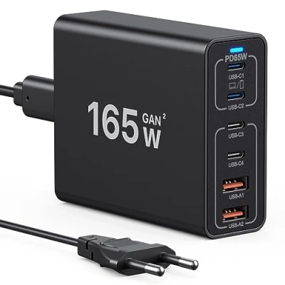 Immagine di caricatore USB C da 165W GaN, scrivania a 6 porte adattatore rapido viaggio compatibile con MacBook Pro/Air/iPhone 12/13/14/15/16 Serie/Samsung Galaxy S24/S23/S22/S21/Laptop