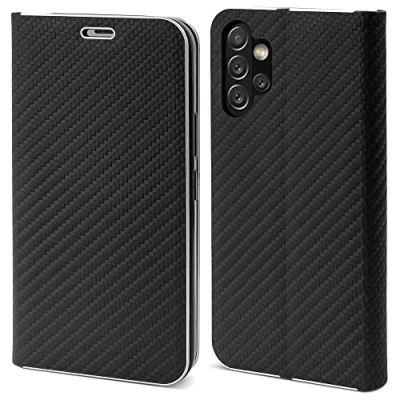 Immagine di Moozy Custodia a Libro per Samsung A13, Carbonio Nera Protezione dei Bordi Metallici Flip Cover Portafoglio con Appoggio e Porta Carte