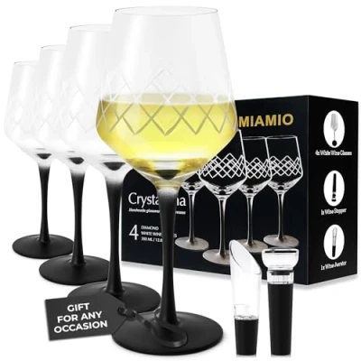 Immagine di MIAMIO bicchieri da vino bianco 380 ml, set di 4 in cristallo premium con stelo lungo nero, unici Collezione Crystaluna