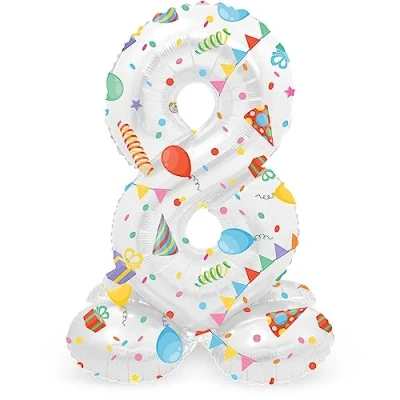 Immagine di Folat 64768 palloncino di alluminio Numero con Base Figura 8 Joyful Party Multicolore 41 cm decorazione per compleanno, anniversario, non è necessario l&#039;elio