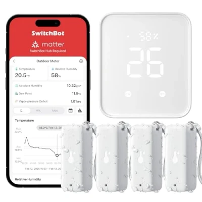 Immagine di SwitchBot WiFi Igrometro termometro 4 Confezioni con Hub 2, IP65 per interni ed esterni la casa, sensore di umidità/temperatura/punto rugiada/VPD/umidità assoluta, Funziona Alexa