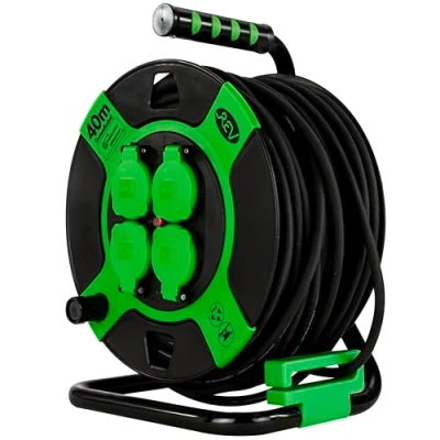 Immagine di REV Avvolgicavo EX, 40 m, H05RR, IP44, 3000 W, cavo di prolunga, per esterni, 4 prese con contatto protezione, verde