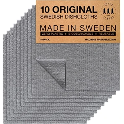 Immagine di SUPERSCANDI Strofinacci svedesi ecologici, riutilizzabili, sostenibili, biodegradabili, Confezione da 10, Colore Grigio.