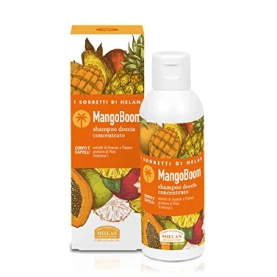 Immagine di Helan, I Sorbetti MangoBoom Shampoo e Bagnoschiuma Uomo Donna Profumato con Ananas Papaya, Docciaschiuma Gel Fresco Delicato per Corpo Capelli Ingredienti Naturali Vitamina C, 150 ml