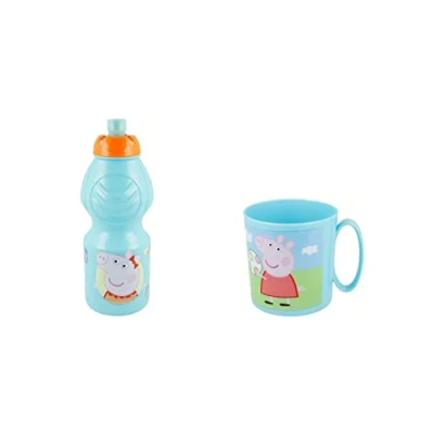 Immagine di 4735, confezione peppa pig, composta da tazza microonde 350 ml e bottiglia d&#039;acqua 400 ml, prodotto riutilizzabile, senza BPA