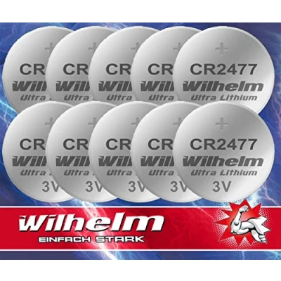 Immagine di 10 batterie a bottone al litio CR2477 CR 2477 WILHELM, 3 V, 1070 mAh, ø24 x 7,7 mm, DL2477
