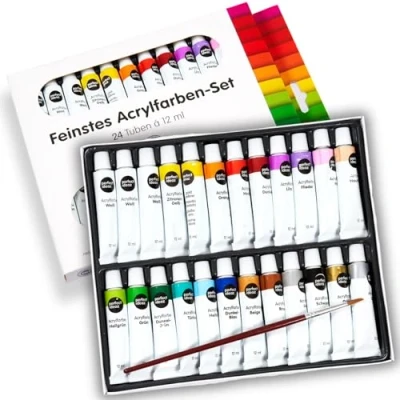 Immagine di perfect ideaz kit di colore acrilico colorato con 24 tubi da 12 ml, pennello, 22 diversi colori pittura creativi, elevata percentuale pigmenti, altamente coprente &amp; ad asciugatura rapida