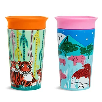 Immagine di Tazza Munchkin WildLove Miracle 360, Set di Tazze per Svezzamento Antigoccia, senza BPA Bambini a Partire da 12 Mesi, Confezione Riciclata 2 x 266 ml, Motivo: Rinoceronte/Tigre