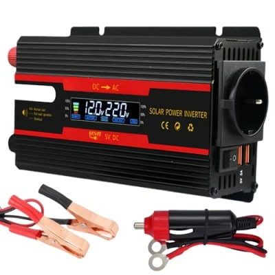 Immagine di Invertitore di tensione DC 12 V/24 V su AC 230 modificato Inverter 2000 W con prese europee, 2 USB e display LCD, convertitore corrente per auto, camion, roulotte, campeggio