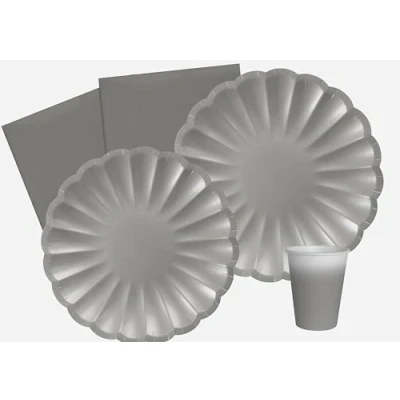 Immagine di Ciao Kit Party Tavola Flower Shape person (112 pz Ø23cm, piatti Ø18cm, 24 bicchieri, 40 tovaglioli), argento carta compostabile eco friendly, AZ158
