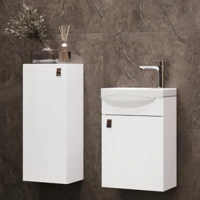 Immagine di Planetmöbel Mobile da bagno Midi Cabinet 32 cm Narrow con lavabo bagno, bianco